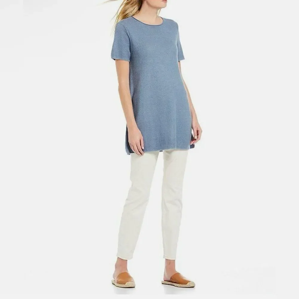 Eileen Fisher Blue Short-Sleeve Sweater with Striped Scarf